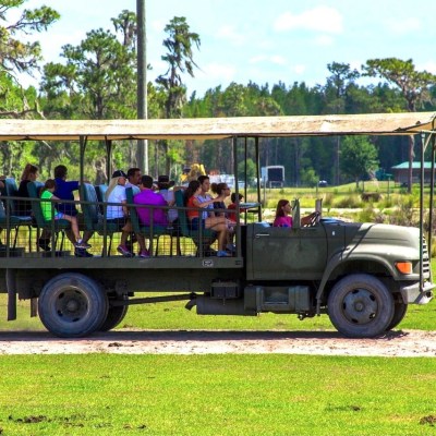 a group of people riding on the back of a truck