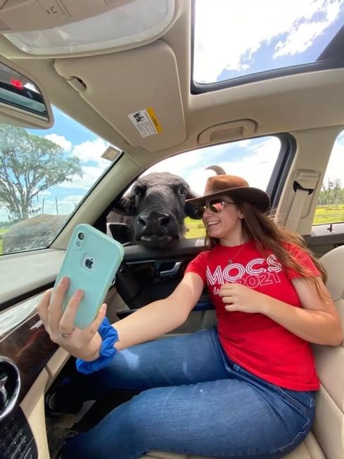 a person sitting on the seat of a car